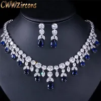 CWWZircons Luxury Dark Blue Women Wedding Party Dress Jewellery Big Dangle Drop Bridal CZ Necklace Earrings Jewelry Sets T341 220818