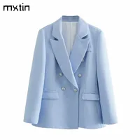Mxtin Women Autumn Fashion Solid Blazers a doppio petto Blazer Vintage Slim Pockets Office Lady Stupt Female Blazer Coat 220819
