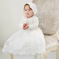 New lace baby girl baptism gown christening dress princess long baby girl dresses hats 2pcs newborn baby girl designer clothes A48298v