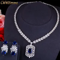 CWWZircons Shiny White Gold Color Royal Blue CZ Stone Women Luxury Wedding Necklace and Earrings Jewelry Set for Brides T495 220818