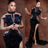 2022 Plus Size Arabic Aso Ebi Black Mermaid Sexy Prom Dresses Beaded High Split Sequined Evening Formal Party Second Reception Gow199k