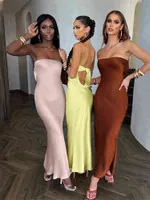 Woman Solid Backless Satin Tube Top Dress Sexy Tight Nightclub Hot Girl Clothes 2022 Summer Fashion Strapless Slim Dress T220816