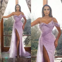 2022 Lilac Prom Dresses Long Glitter Spaghetti Straps Split Side High Sexy Evening Gowns