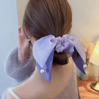 Sweet Fashion Organza Bowknot Scrunchies for Women Pearls Pendant Ponytail Holder Ties Hair Rope Satin Ribbon H￥rtillbeh￶r