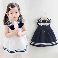 2021 Estate 2-10t anni Bambini Sweet Sleeveless Wot Sailor Collar Navy Blue Bianco Patchwork Little Kids Navy Girl Dress Y220819