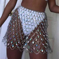 Mujeres Rinestono Sparkle Body Cadena Sexy Bikini encubrimiento para Rave Beach Dance Party Club Colorido Blue Belly Dance Skirt T220819