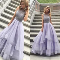 Beading Tiered Ball Gown arabic Prom Dresses Charming Scoop Sleeveless Organza Backless Lavender Long Evening Dresses Formal Gowns272h