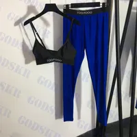 Fashion Blue Yoga Pants Set Textile Sexy Black Bra Sport Trouser Letter Print Ladies Sport Vest Leggings