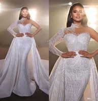 Luxury White Sequins Lace Mermaid Wedding Dresses 2023 One Shoulder Long Sleeves Overskirt Plus Size Bridal Party Gowns Robe De Marriage