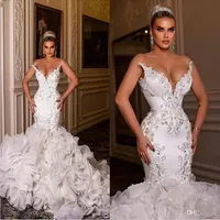 Vestidos de noiva de sereia branca de luxo para mulheres árabes 2023 V pescoço fora de ombro de ombro de renda em cascata de babados sexy vestidos de noiva