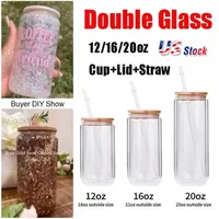 US warehouse 12/16/20OZ Double Wall Glass Cup with Bamboo Lid and Straw Transparent Tea Juice Milk Coffee Can Cup Wine Cola Drinkware GC0825