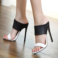 Black And White Pu Leather High Heel Sandals Fashion Slippers Summer Shoes Sexy High Heel Sandals 11cm Crb205G