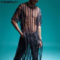 Incerun Men Mesh T-shirt Transparent Striped Streetwear Sleeve Sexy Long Tops Fashion Party T-shirts S-5XL 220819