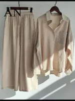 Frauen S 2 Stück Retro übergroße Baumwoll- und Leinenhemd plus hohe Taillen -Hosen Anzug Sweatshirt Set 220819