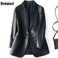 Nerazzurri Spring herfst Zwart Leather Blazer Women Single Button Slim Fit Designer Dames lederen jassen en jassen 5xl 6xl 7xl T220810