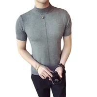 Men's Sweaters Summer Fashion Men's Sweater Brand Pure Color Semi-high Collar Knitting For Male Half-sleeved Tops Gray Black M01Men's