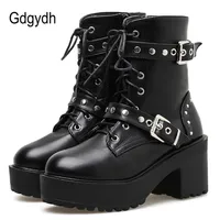 Gdgydh Sexy Rivet Autumn Boots Women Platform Boots Black Leather Gothic Punk Style Combat Boots For Women Mid Heels Comfortable 201019