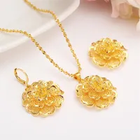 in full bloom 24k Solid Fine Yellow Gold Filled Multichamber Flower set Jewelry Pendant Chain Earrings African Bride Wedding Bijou261D