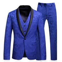 바람직한 시간 남성 왕실의 블루 플로럴 슈트 바지 스카프 칼라 파티 신랑 웨딩 드레스 정장 남자 재킷 청바지 바지 J220811
