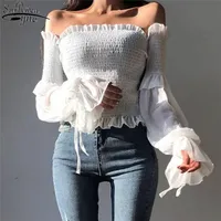 Spring Fashion Women Long Sleeve Off Shoulder Cropped Tops Solid Color Pleated Bow Blouse Ladies Shirt Lace Up Corset 12813 220819