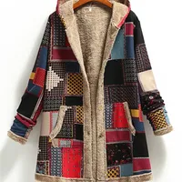 겨울 빈티지 여성 코트 따뜻한 인쇄 두꺼운 양털 후드 롱 재킷 포켓 레이디스 아웃복 느슨한 코트 220819
