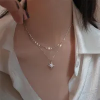 S925 Sterling Silver Star Moon Necklace Double Women Clavicle Chain Shiny Diamond Fashion Accessori ebraici 220818