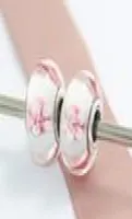 5pcs 925 Sterling Silver Pink Cherry Blossom Murano Glass Bead Fits European Pandora Jewelry Charm Bracelets Necklaces Pendants