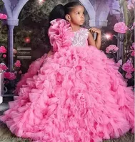 Luxury Pink Organza Pageant Quinceanera Vestidos para niñas pequeñas Halter 3d Flores Flores Flores Flower Girl First Communion Dress Crse
