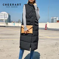 CHEERART Long Vest Winter Coat Women Sleeveless Down Jacket Slim Female Quilted Coat Femme Korean Waistcoat Colete 201031264T