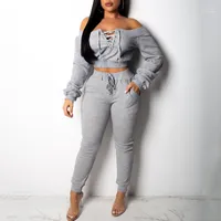 Automne Tracksuit Women Set Crop Top Winter Sexe Sweat Suits Sweins Sweins Sweins Bandage Two Piece Tofits for1