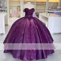 Блестящее пурпурное платье с мячом quinceanera платья с блестками аппликации с плеча сладкое 16 платье vestido de 15 anos xv Custom Made