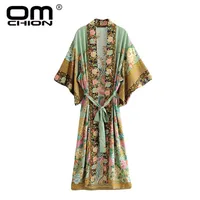 Omchion Blusa Feminina Vintage Floral Print Long Kimono Women Casual Boho Blous