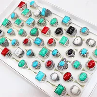 Vintage turquoise stenen antieke zilveren ringen gesneden bloemen sieraden ringen voor mannen vrouwen feest bruiloft cadeau228e