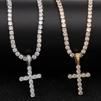 Iced Out Zircon Cross Pendant med 4mm Tennis Chain Necklace Men Women Hip Hop Jewelry Gold Silver CZ SET326M