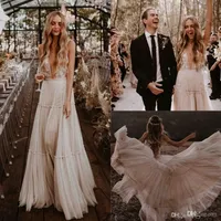 2022 Boho Country Wedding Dresses Bridal Gown with Lace Applique Straps Sweep Train Plunging V Neck A Line Custom Made Plus Size vestido de novia