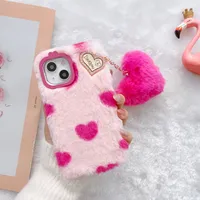 Pink Sweet Love Heart Rabbit Fur Case de boîtier de téléphone doux pour iPhone 14 13 12 11 XR XS Max 6 7 8 Plus iPhone14 Girl Lovely Téléphone Warm Phone Back Cover Caxe