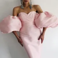 캐주얼 드레스 Vero Sinly Sexy Off 어깨 퍼프 슬리브 블랙 핑크 바디콘 여성 붕대 드레스 2021 우아한 이브닝 파티 멍청이 246o