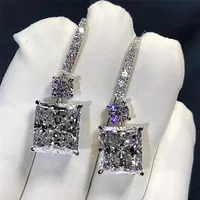Victoria Luxury Jewelry 925 Sterling Silver Princess Corte Topaz Branco Platina Plated CZ Diamante Brinco Mulheres Bridal Hook E288T