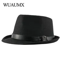 Wuaumx Autumn Winter Retro Jazz Hats Middle Aged Men Felt Fedoras Cap For Male Solid Trilby Panama Hat Black Bowler Wide Brim3068