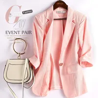여자 양복 블레이저 여름 OL Office Career Work Wear Slim Thin Suit Jacket Women 캐주얼 핑크 격자 무늬 재킷 블레이저 Femininowomen 's