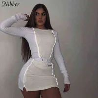 Nibber Fashion Reflective Patchwork Sportswear 2pieces Set Femme White Knitting Top Tee Mini Shirts kjolar Suits 22h0821