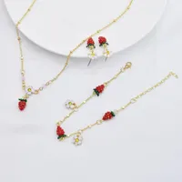 Earrings & Necklace Fresh And Fashionable Strawberry Flower Enamel Bracelet Statement Simple Girlfriends Gift Three-piece SetEarrings