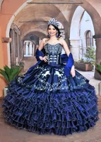 Charro Western Quinceanera Dresses Dark Navy Prom Ball Gown Sweet5 Dress Tiers Skirt2022