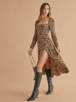 Casual Dresses Woman Dress Floral Digital Print Square Neck Long Sleeve Split Slim Sexy Ladies Mid-length Skirt Leopard DressCasual