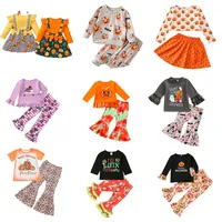 2022 nowe style ubrania Halloween Zestaw Dziewczynki Długie krótkie rękaw Kwiatowy pasek Lopard Bell-Bottoms Bot miłe dzikie dziecko