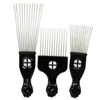 Siyah Plast Yumruk Sapı Afro Fırça Stianless Çelik Geniş Dişler Metal Saç Sick Afro tarak ile FIST3401