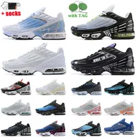 TN Plus 3 Running Shoes 2022 مع الجوارب المضبوطة كلاسيكية سوداء سوداء النساء المدربين الرياضيين ليزر التضاريس الأزرق حزمة New York Obsidian Gray Navy TNS Runner Sneakers