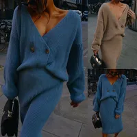 Мужские толстовки толстовок женское платье свитера 2022 Сексуальное v-образное женское юбковое костюм осень и зимний рукав летучих мышей Элегантная вечеринка синий 2-p