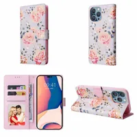 Mode Flower Leather Wallet Cases voor iPhone 14 Pro Max 13 Mini 12 11 XS X XR 8 7 Plus Butterfly Rose Gedroogde bloemenwereld Daisy Yellow Panies Girls Card Holder Holder Pakzak