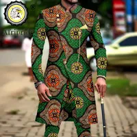 Testes masculinos Ternos africanos para homens Dashiki Borderyery Jackets and Print Pants 2 Piece com roupas de lençógia